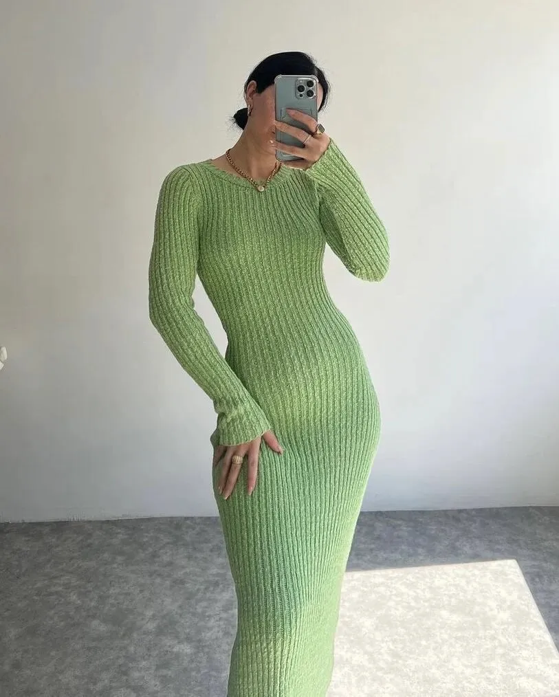 Women Round Neck Long Sleeve Ribbed Bodycon Dress 12 Women Round Neck Long Sleeve Ribbed Bodycon Dress - Image 12