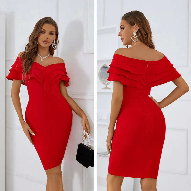 The Red Dress High Sense Party Off Shoulder Bandage Dress 7 The Red Dress High Sense Party Off Shoulder Bandage Dress - Image 7