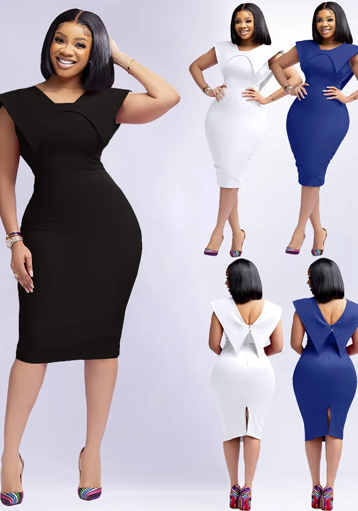 Women's Sleeveless Square Neck Zipper Slit Office Dress 2 Women's Sleeveless Square Neck Zipper Slit Office Dress - Image 2