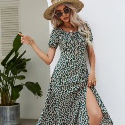 Women's Square Neck Puff Sleeve French Tea Break Dress Trendy Floral Dress -Deals Toggenix Store 020147e2ecaaa040