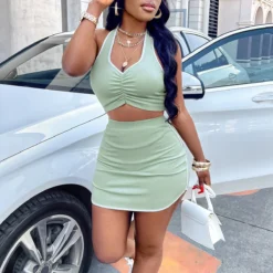 Summer Women's Trendy Solid Color V-Neck Halter Neck Casual Top And Skirt Two Piece Set