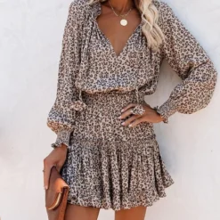 Spring Summer Long Sleeve V Neck Fashion Print Slim Waist Dress For Women -Deals Toggenix Store 02e37194ec43456e