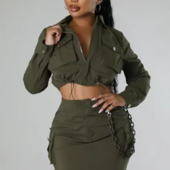 Women Turndown Collar Long Sleeve Pocket Top And Skirt Two-piece Set -Deals Toggenix Store 0374020c5fe23725