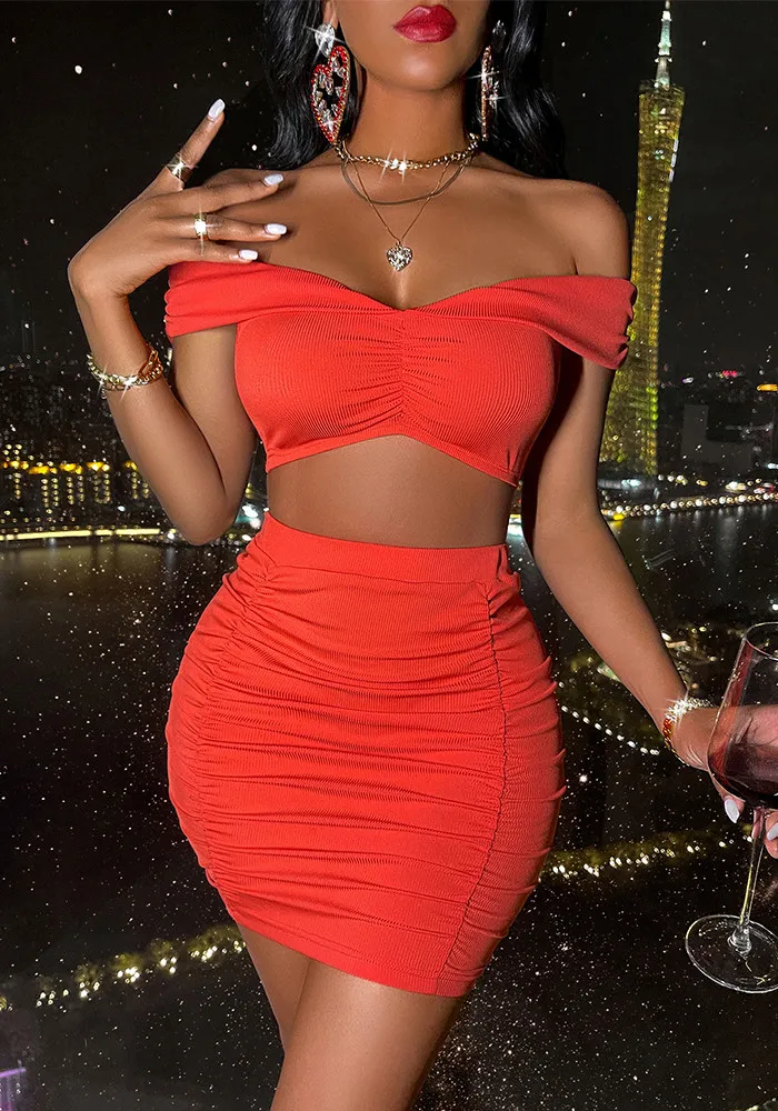 Summer Casual Sexy Women's Sexy Solid Color Off Shoulder Skirt Set 1 Summer Casual Sexy Women's Sexy Solid Color Off Shoulder Skirt Set