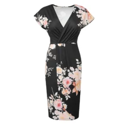Women V-Neck Short Sleeve Pleated Floral Bodycon Dress -Deals Toggenix Store 03e2e4ff08824fed