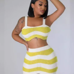 Summer Fashionable Contrasting Stripes Sexy Knitting High Waist Two Piece Skirt Set -Deals Toggenix Store 03e539b7148f8fc6