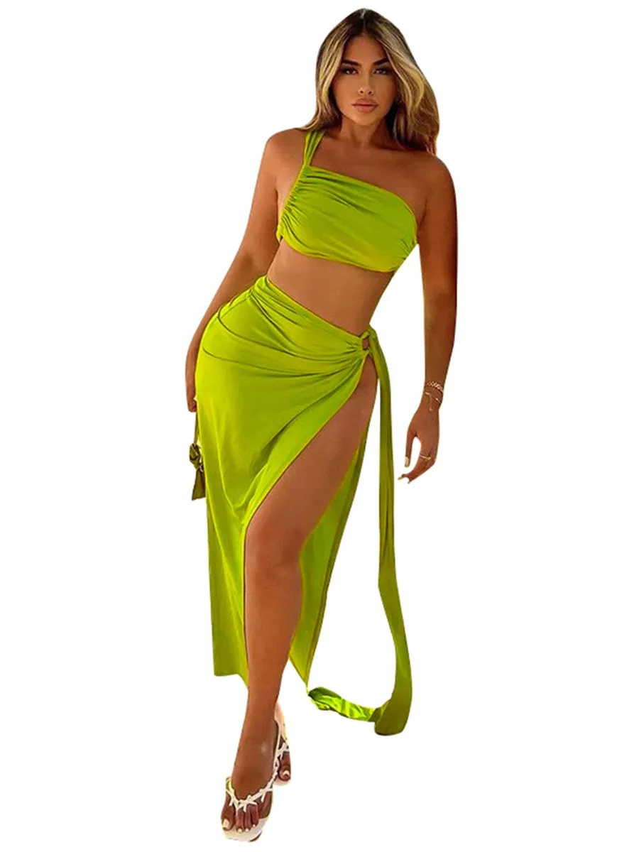 Women Summer Solid Gathered Backless Top And Slit Skirt Casual Two-piece Set 10 Women Summer Solid Gathered Backless Top And Slit Skirt Casual Two-piece Set - Image 10