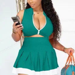 Women Casual Sexy Colorblock Zipper Top And Pleated Skirt Two-Piece Set -Deals Toggenix Store 041f254654e9530d