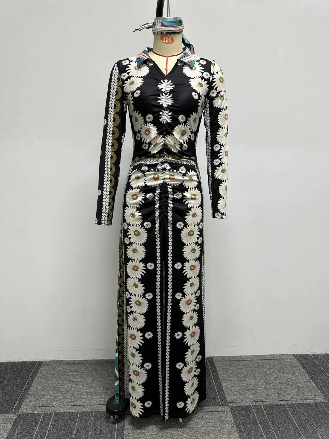 Sexy Floral Printed Turndown Collar Slim Fit Slit Long Dress With Bandana 18 Sexy Floral Printed Turndown Collar Slim Fit Slit Long Dress With Bandana - Image 18