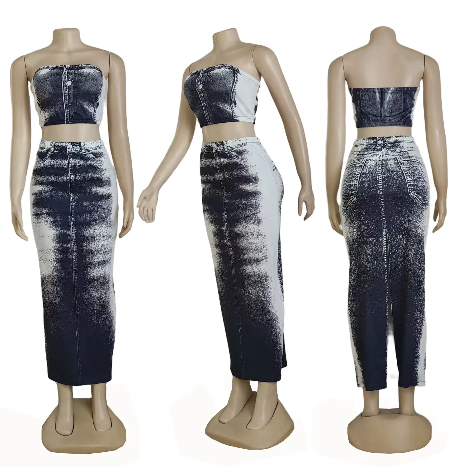 Women Sexy Retro Print Strapless Top And Bodycon Slit Skirt Two-piece Set 3 Women Sexy Retro Print Strapless Top And Bodycon Slit Skirt Two-piece Set - Image 3