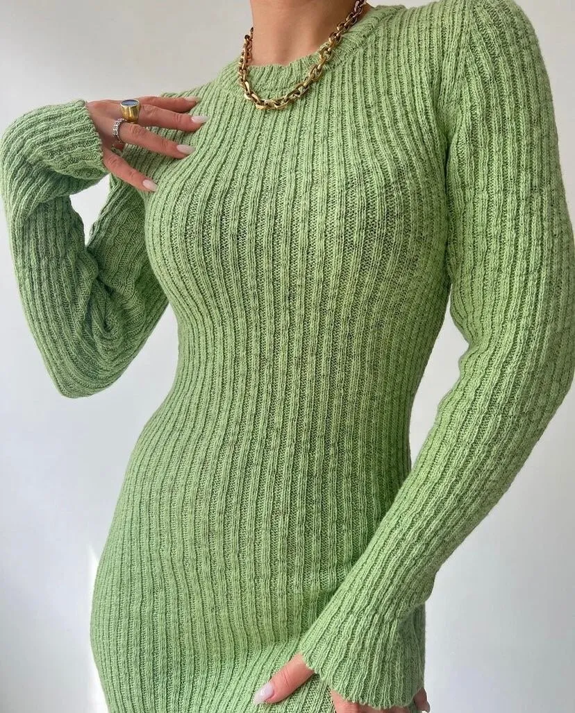 Women Round Neck Long Sleeve Ribbed Bodycon Dress 4 Women Round Neck Long Sleeve Ribbed Bodycon Dress - Image 4