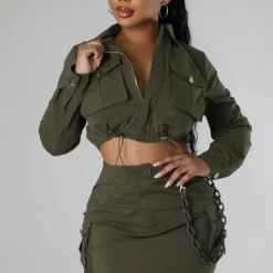 Women Turndown Collar Long Sleeve Pocket Top And Skirt Two-piece Set -Deals Toggenix Store 06d6dc255683795a