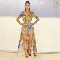 Autumn And Winter Women's Fashion Sexy Slit Print Long-sleeved Dress