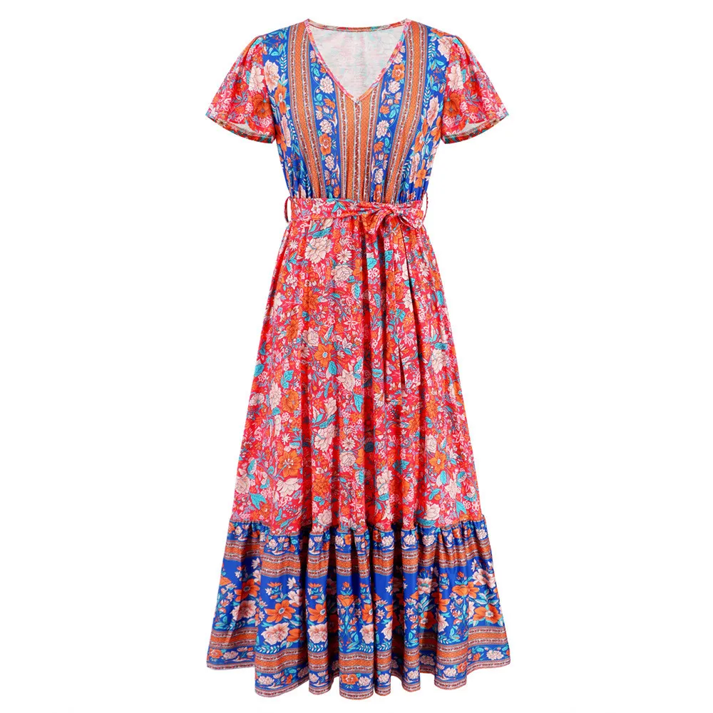 Women's Summer V-Neck Ruffle Sleeve Floral Print Long Dress 5 Women's Summer V-Neck Ruffle Sleeve Floral Print Long Dress - Image 5