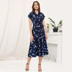 Summer Women's Art Retro Print Turndown Collar Lace-Up Mid Waist Dress -Deals Toggenix Store 072f7b11afc31b7e