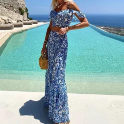 Summer Women's Fashion Chic Printed Skirt Camisole Top Two-Piece Set