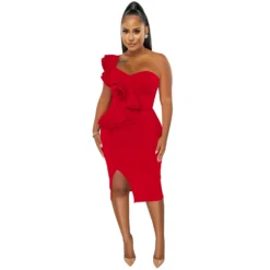 Fashion Casual Ruffle Slit One Shoulder Sleeve Dress Women -Deals Toggenix Store 0854a9d7b2d1a7b4