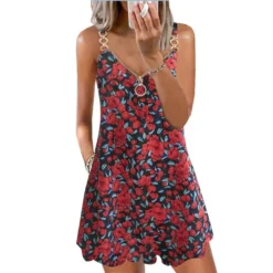 Fashion Print Zipper Plus Size Loose Sleeveless Strap Dress