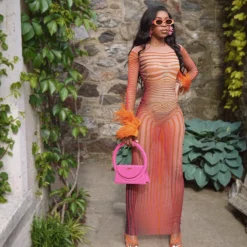 Women's Summer Round Neck Pullover Striped Mesh Print See-Through Sexy Slim Bodycon Dress -Deals Toggenix Store 090160033e343eff