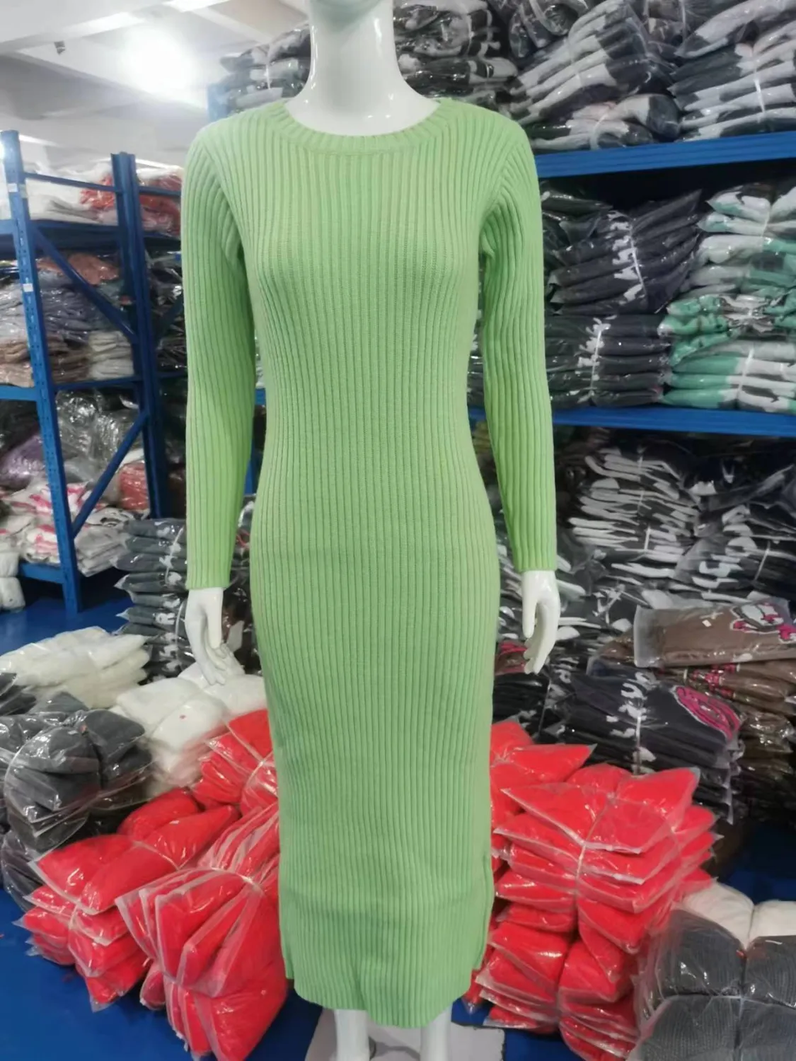 Women Round Neck Long Sleeve Ribbed Bodycon Dress 2 Women Round Neck Long Sleeve Ribbed Bodycon Dress - Image 2