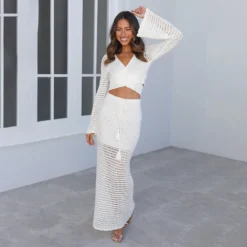 Summer Beach Suit Female Solid Color Sexy Knitting Hollow Beach Crochet Two Piece Skirt Set -Deals Toggenix Store 0956c643c7d19673