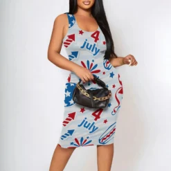 Women Vest Dress American American Flag Print Two-Piece Set Bodycon