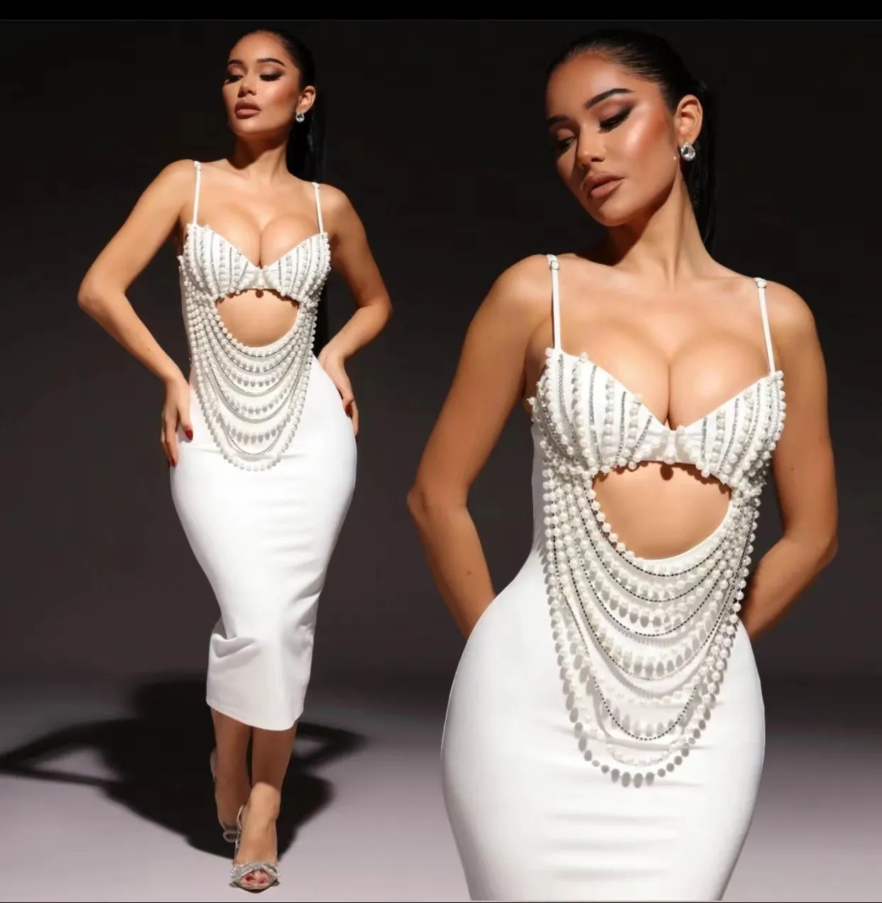 Gorgeous Beaded Sexy Cutout Strap Elegant Chic White Bandage Evening Gown 15 Gorgeous Beaded Sexy Cutout Strap Elegant Chic White Bandage Evening Gown - Image 15