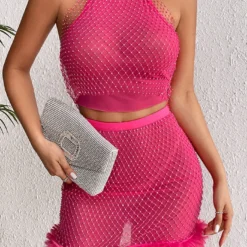 Women's Fishnet See-Through Sexy Halter Neck Vest Plush Skirt 2-Piece Set -Deals Toggenix Store 0990bd6ca13d2746