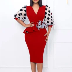 Plus Size Women'S Fashion Dot Mesh Patchwork V Neck Chic Career Bodycon Dress -Deals Toggenix Store 099c265caddeeed1