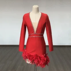 Women French V Neck Patchwork Diamond Long Sleeve Feather Bandage Dress -Deals Toggenix Store 09d90078fe64e07b