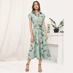 Summer Women's Art Retro Print Turndown Collar Lace-Up Mid Waist Dress -Deals Toggenix Store 0a45aec5e15a50c0