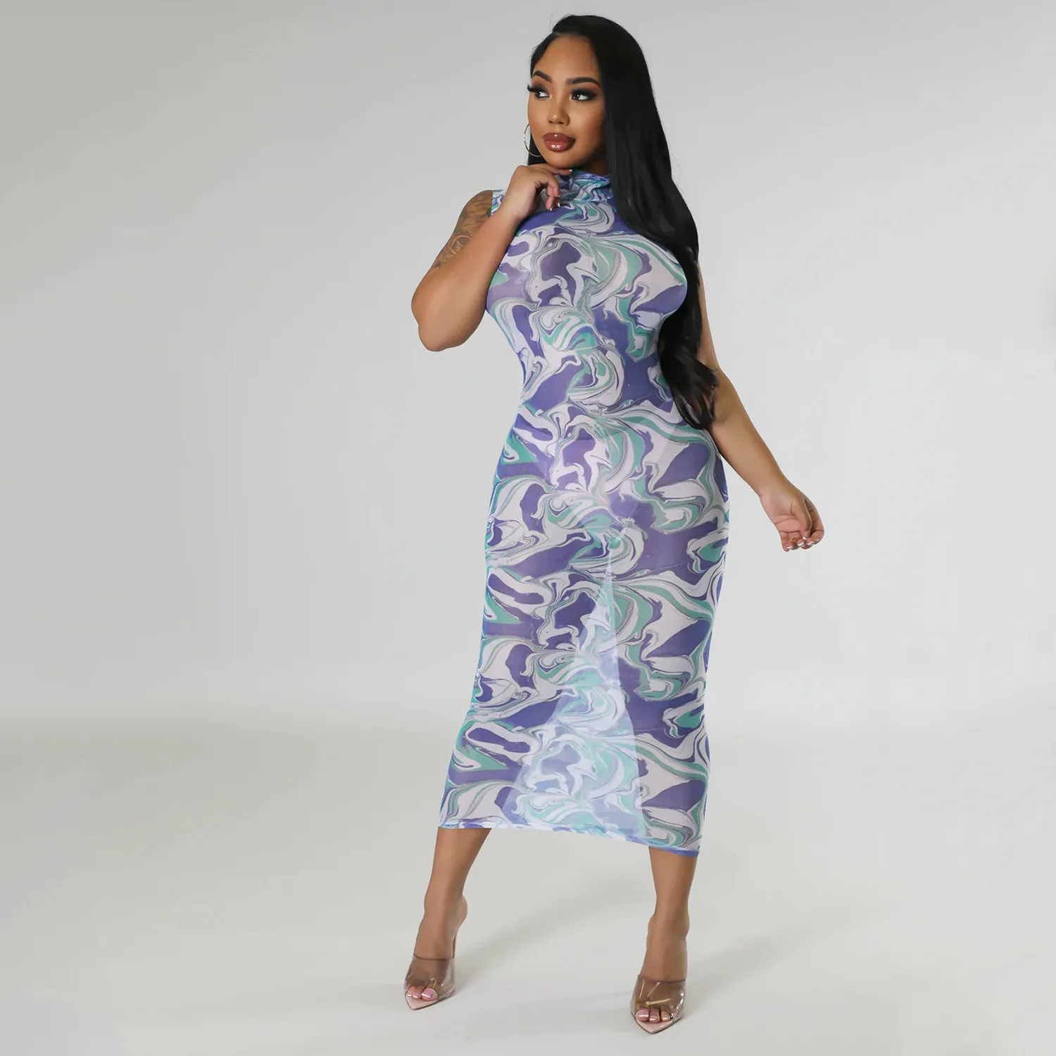 Summer Women's Fashion Sexy Mesh See-Through Print Dress For Women 3 Summer Women's Fashion Sexy Mesh See-Through Print Dress For Women - Image 3