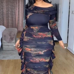 Printed Long Sleeve Pleated Bodycon Dress -Deals Toggenix Store 0aa6b90c60ffffa6