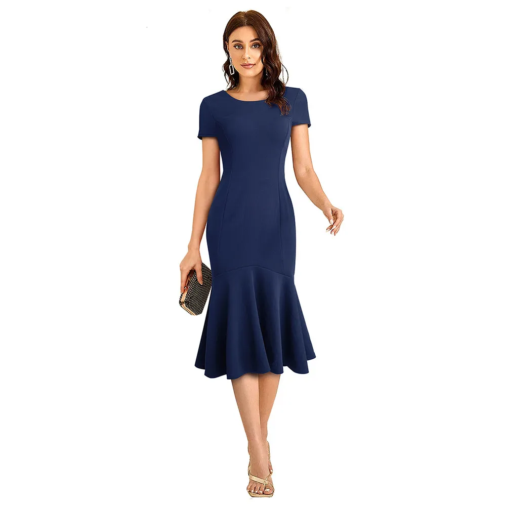 Women's Chic Career Slim Bodycon Round Neck Midi Dress 9 Women's Chic Career Slim Bodycon Round Neck Midi Dress - Image 9