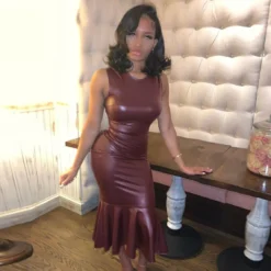 Women PU Leather Round Neck Sleeveless Bodycon Pleated Mermaid Dress