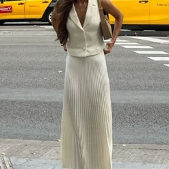 Women's Summer Turndown Collar Vest Top Pleated Skirt Suit -Deals Toggenix Store 0b491551e2e9bd44