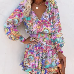 Spring Summer Long Sleeve V Neck Fashion Print Slim Waist Dress For Women -Deals Toggenix Store 0bf46bf65c240a78