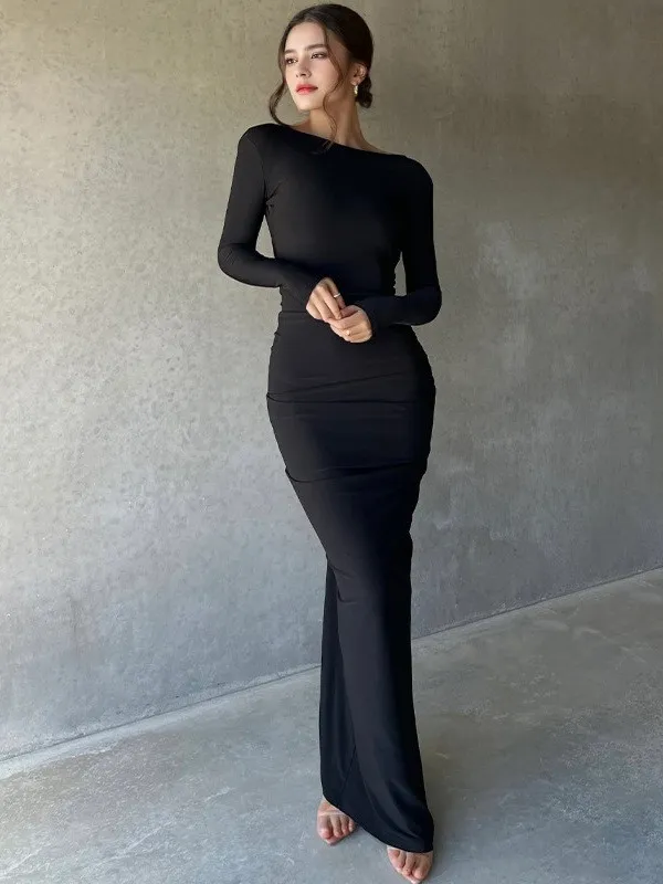 Women's Long-Sleeved Sexy Deep V-Neck Pleated Slim Long Dress 8 Women's Long-Sleeved Sexy Deep V-Neck Pleated Slim Long Dress - Image 8