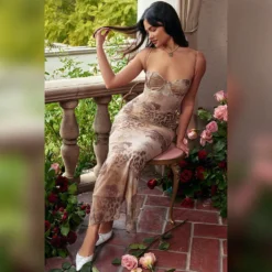 Women Mesh Print Suspender Slit Dress