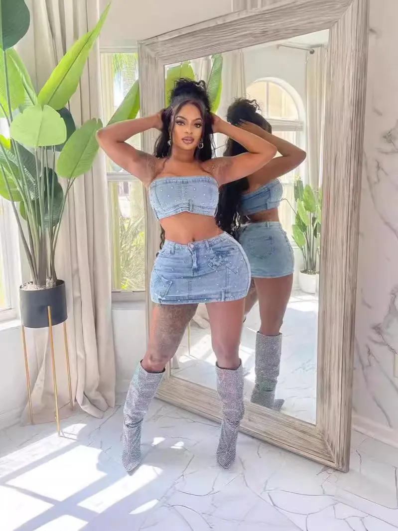 Fashionable Women's Clothing Beaded Strapless Stretch Denim Two Piece Skirt Set 5 Fashionable Women's Clothing Beaded Strapless Stretch Denim Two Piece Skirt Set - Image 5