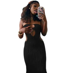 Women's Strip Jacquard Knitting Halter Neck Strapless Long Dress