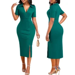 Women Solid Lapel Slit Half Sleeve Dress