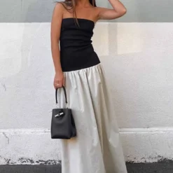 Women's Summer Fashion Contrast Color Strapless Long Dress