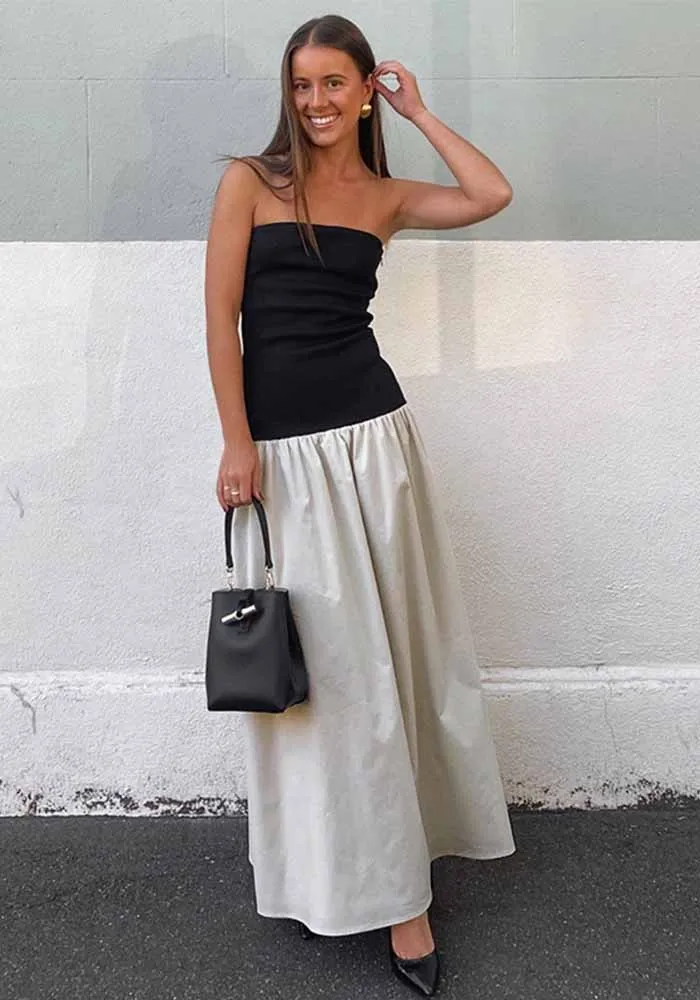 Women's Summer Fashion Contrast Color Strapless Long Dress 1 Women's Summer Fashion Contrast Color Strapless Long Dress