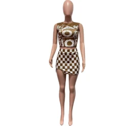 Women Clothes Fashion Print Sleeveless Vest Checker Mini Slit Skirt Two Piece Set -Deals Toggenix Store 11a6da3c75ba8b46