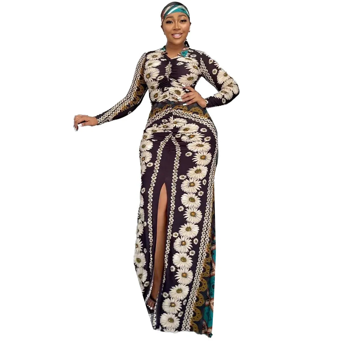 Sexy Floral Printed Turndown Collar Slim Fit Slit Long Dress With Bandana 9 Sexy Floral Printed Turndown Collar Slim Fit Slit Long Dress With Bandana - Image 9