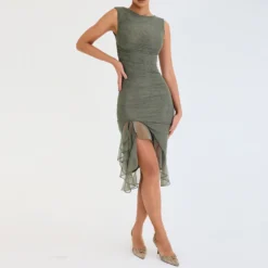 Women's Fashion Mesh Pleated Ruffle Irregular Mid Length Slim Low Back Sleeveless Dress -Deals Toggenix Store 12075dfa5d328277