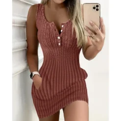 Fashion Solid Color Sleeveless Ribbed Slim Knitting Dress