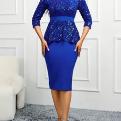 Women's Spring Summer Sequin Half-Sleeve Tight Fitting Round Neck Formal Party Bodycon Dress