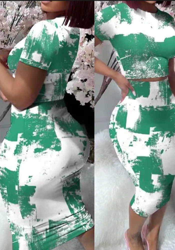 Women's Printed Round Neck Short Sleeve T-Shirt Slim Fit Skirt Sexy Two Piece Set 7 Women's Printed Round Neck Short Sleeve T-Shirt Slim Fit Skirt Sexy Two Piece Set - Image 7